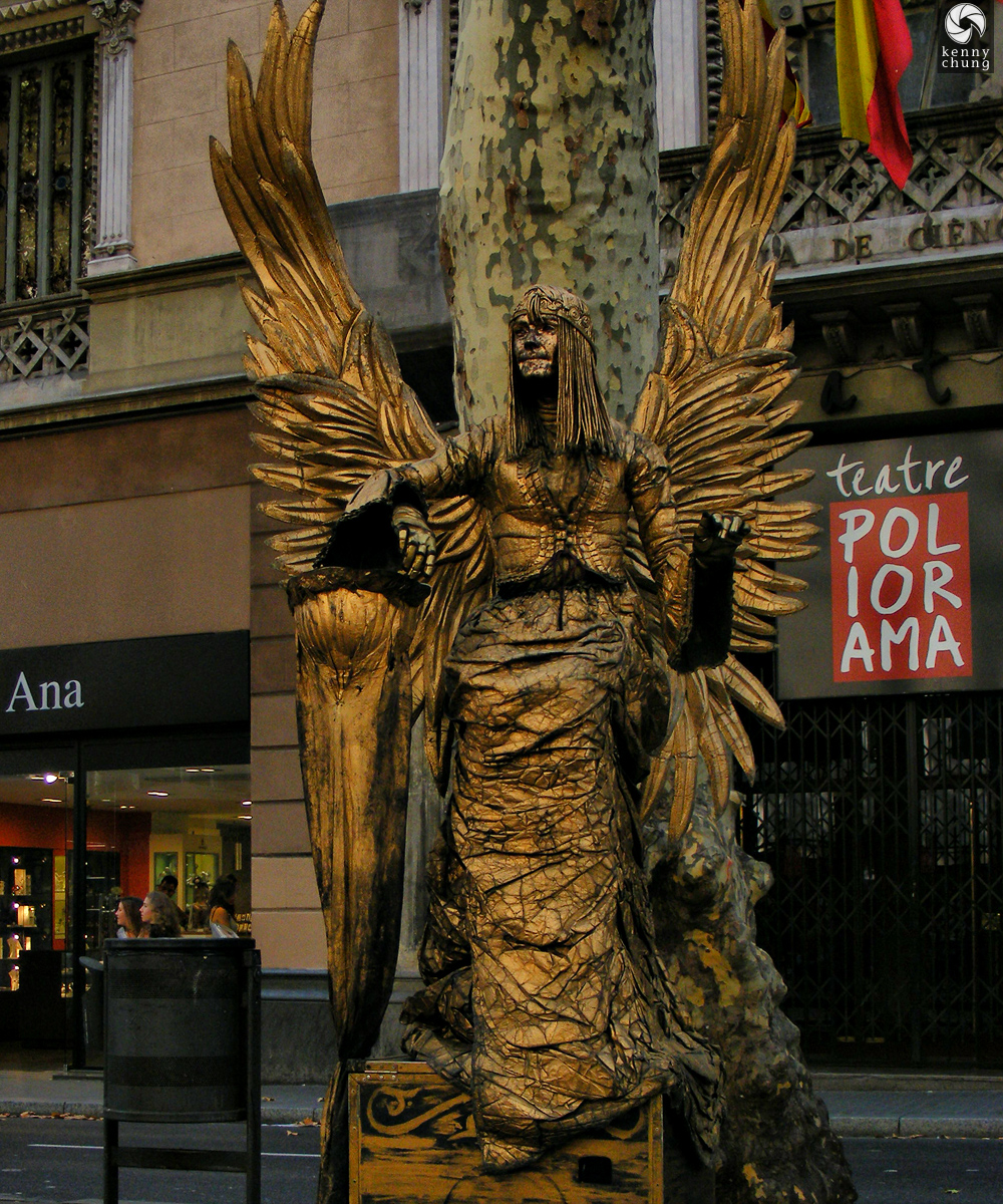 Gold Angel Street Performer Statue at La Rambla