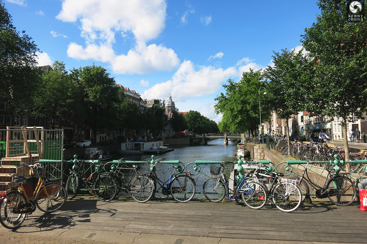 Bikes chained to a bridge in Amsterdam
