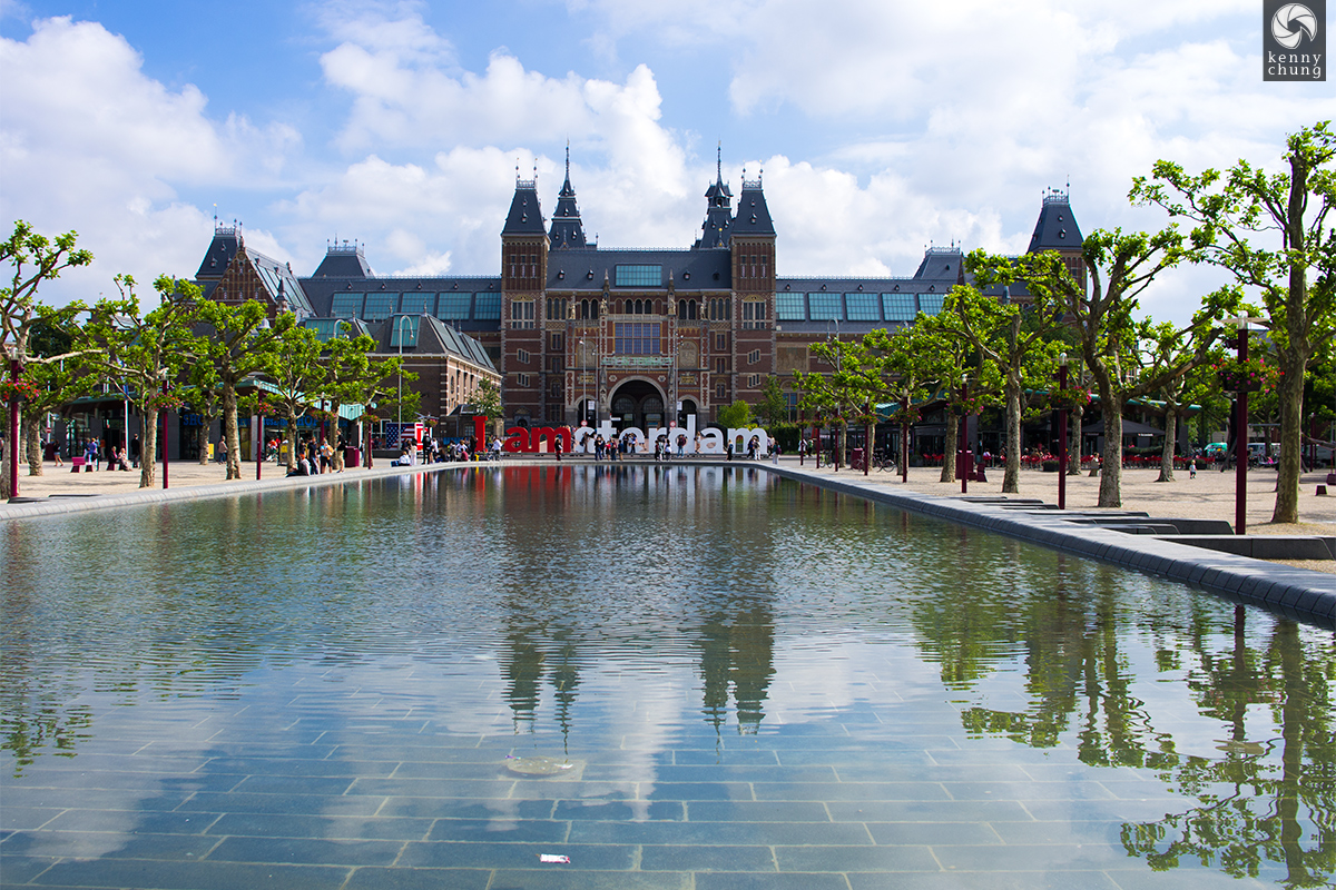 The I Am Amsterdam sign reflected in the pool in front of the Rijksmuseum