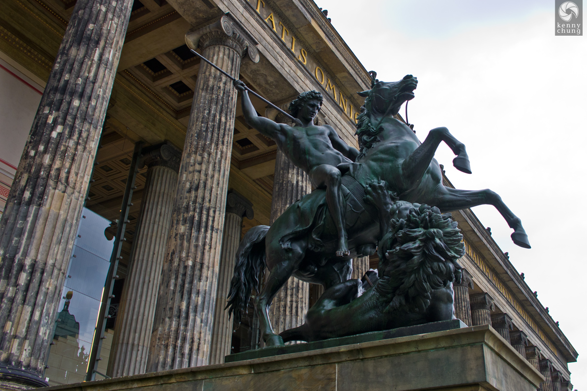 Statue of a man on a horse attacking a lion outside the Altes Museum in Berlin