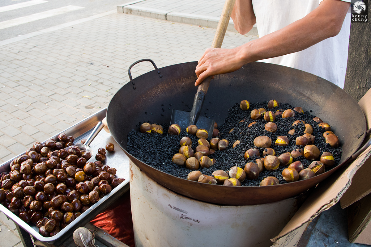 Charcoal roasted chestnuts outside the Beijing Olympic village