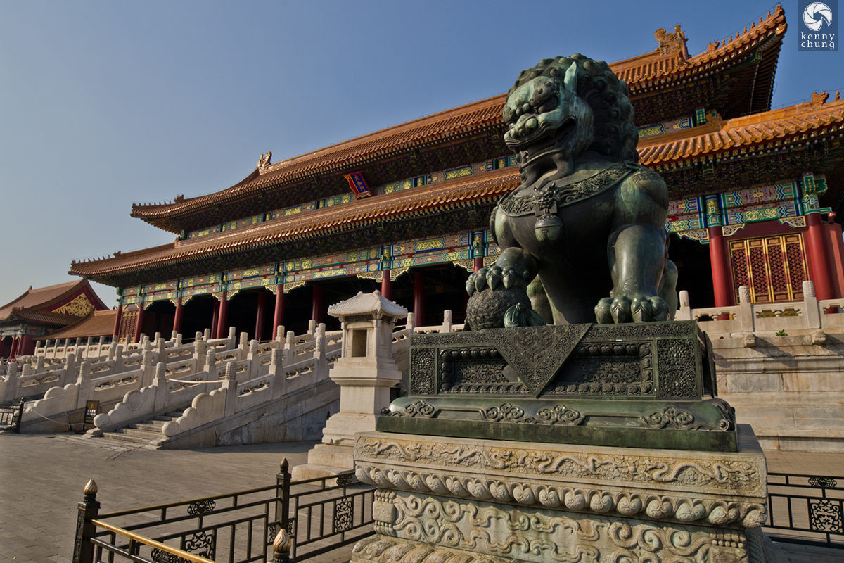 Lion statue outside the Gate of Supreme Harmony in the Forbidden City, Beijing