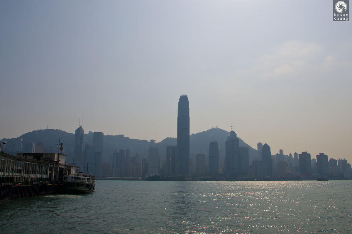 The Two International Finance Centre building, Hong Kong Island, Victoria Harbour, and Victoria Peak.