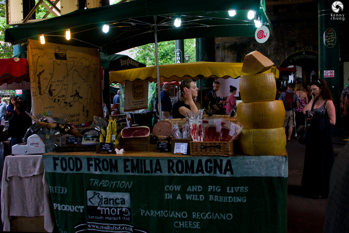 A Borough Market vendor selling Italian cheeses from the Emilia Romagna region
