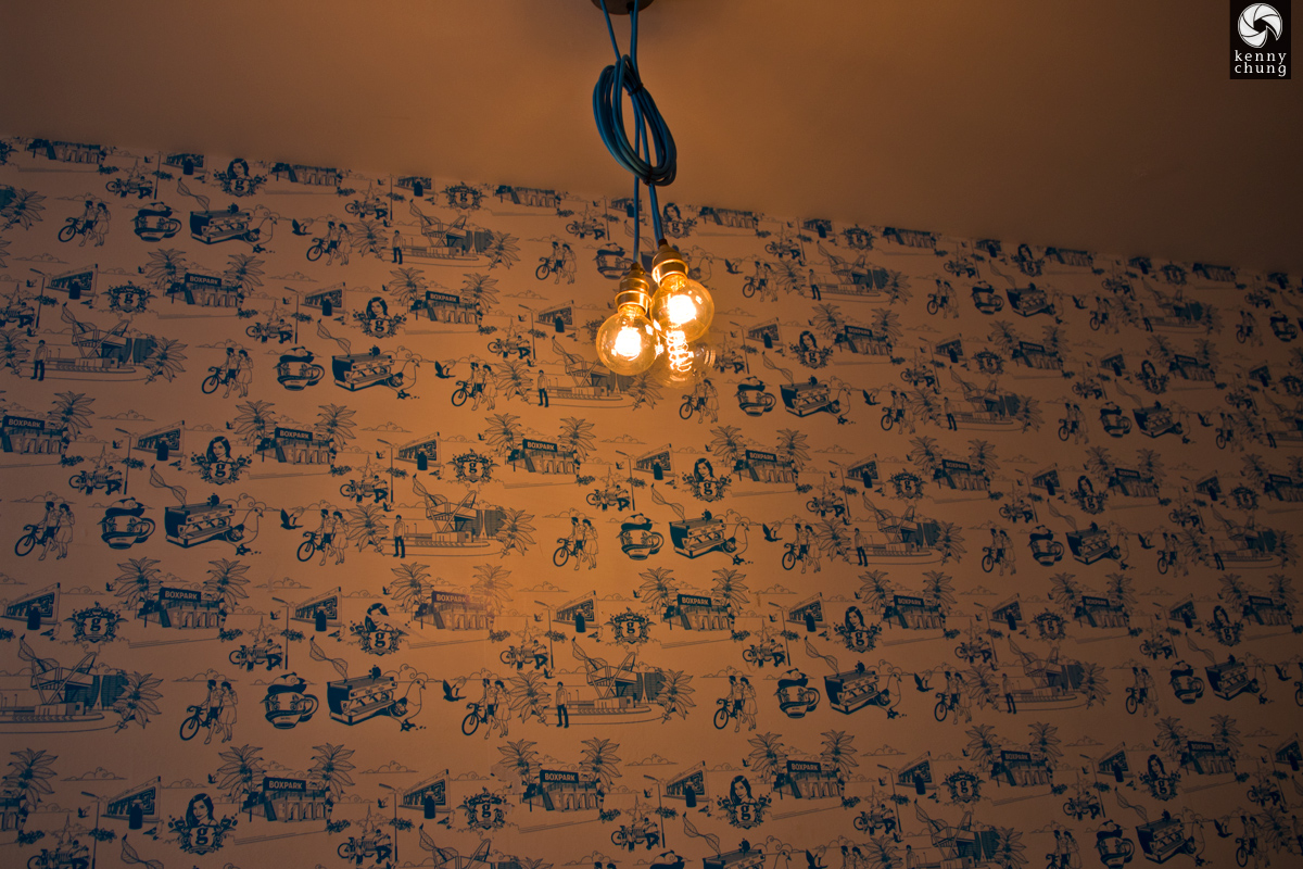 Wallpaper and light bulbs in Guardian Coffee in Shoreditch, London.
