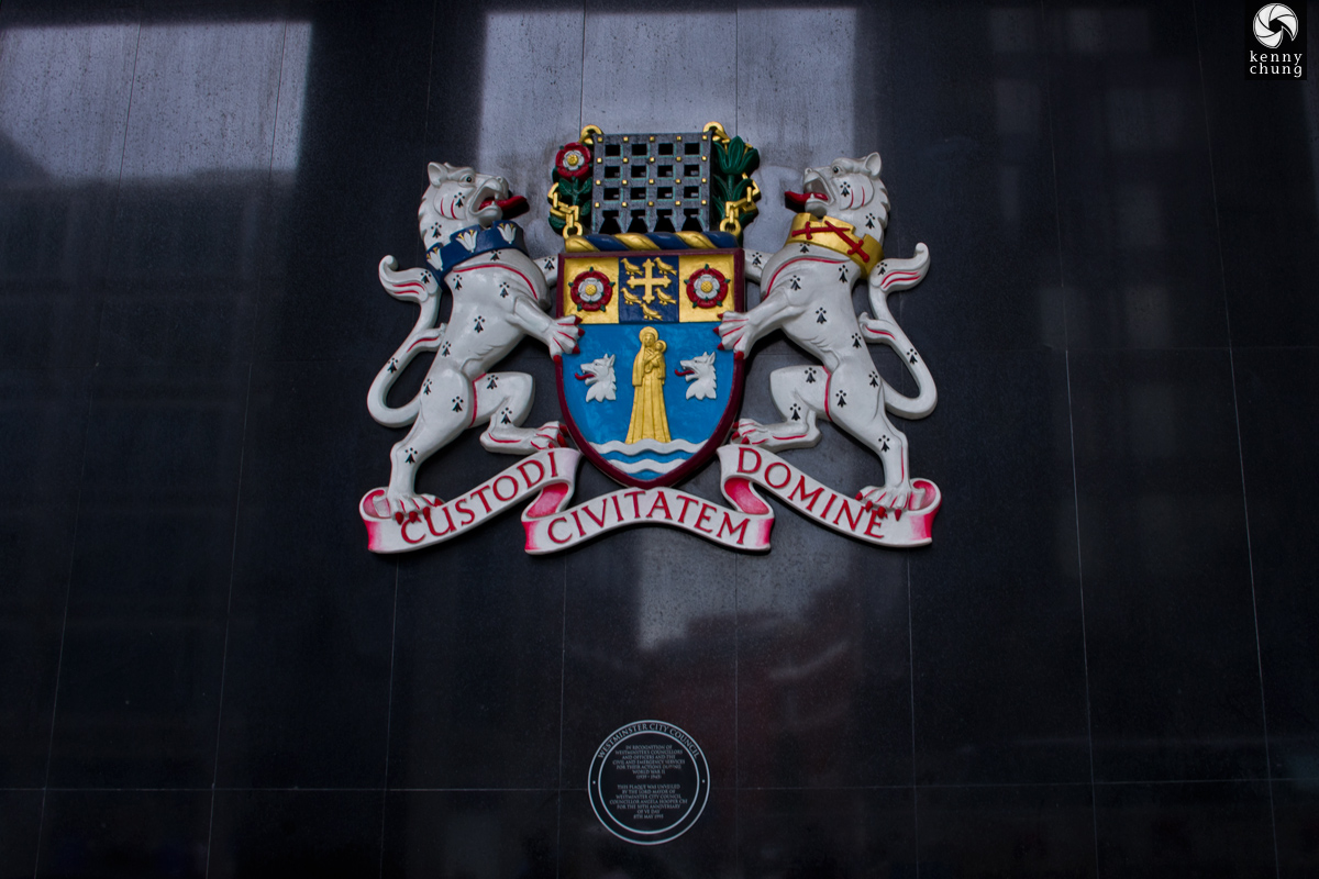 The Westminster City Council seal on a door in London