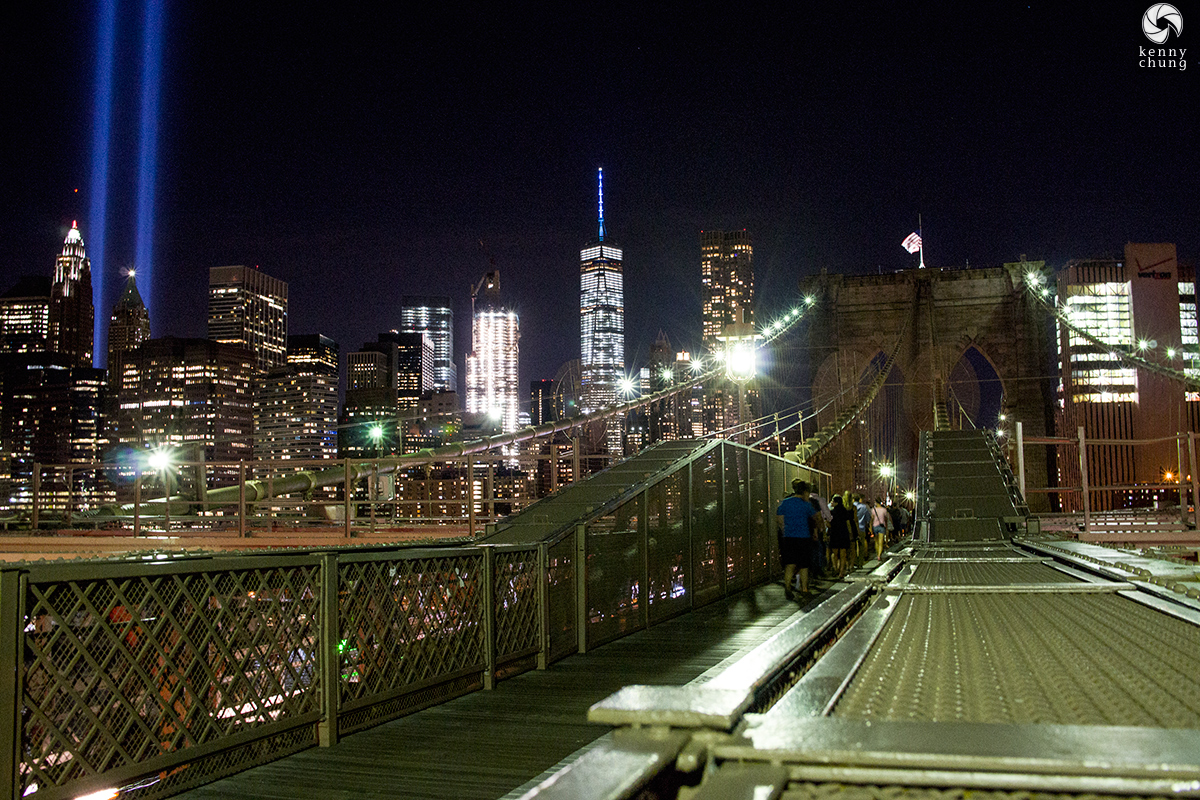 WTC Tribute in Light and Freedom Tower as seen from the Brooklyn Bridge