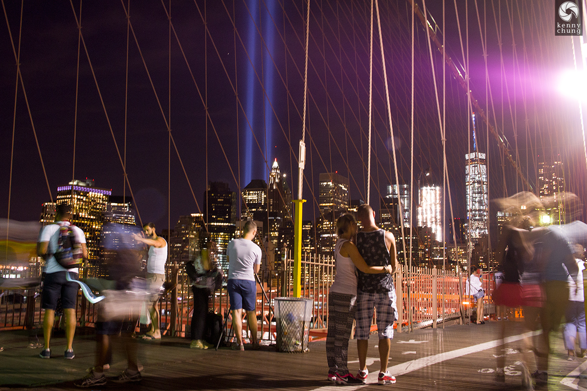 Couple on the Brooklyn Bridge viewing the Tribute in Light 2016