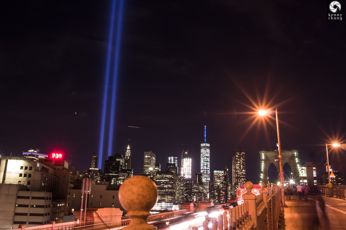 Tribute In Light as seen from the Brooklyn side of the Brooklyn Bridge