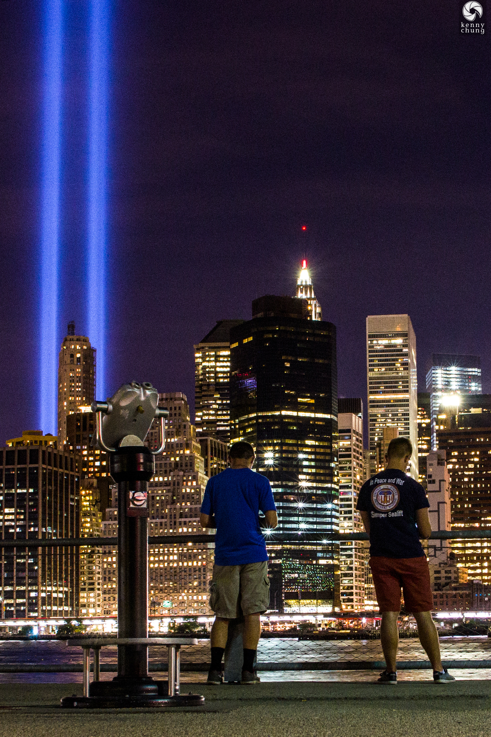 Navy man viewing the Tribute in Light from Brooklyn Bridge Park