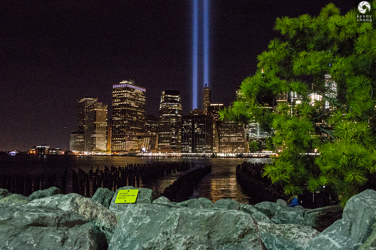 Tribute in Light by the Brooklyn Bridge Park rocks