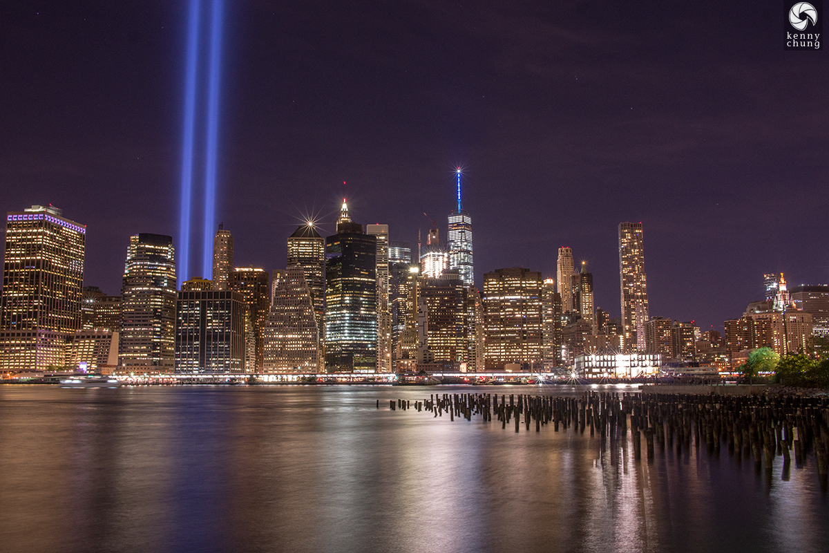 Tribute in Light and Lower Manhttan as seen from the Brooklyn Bridge Park pier