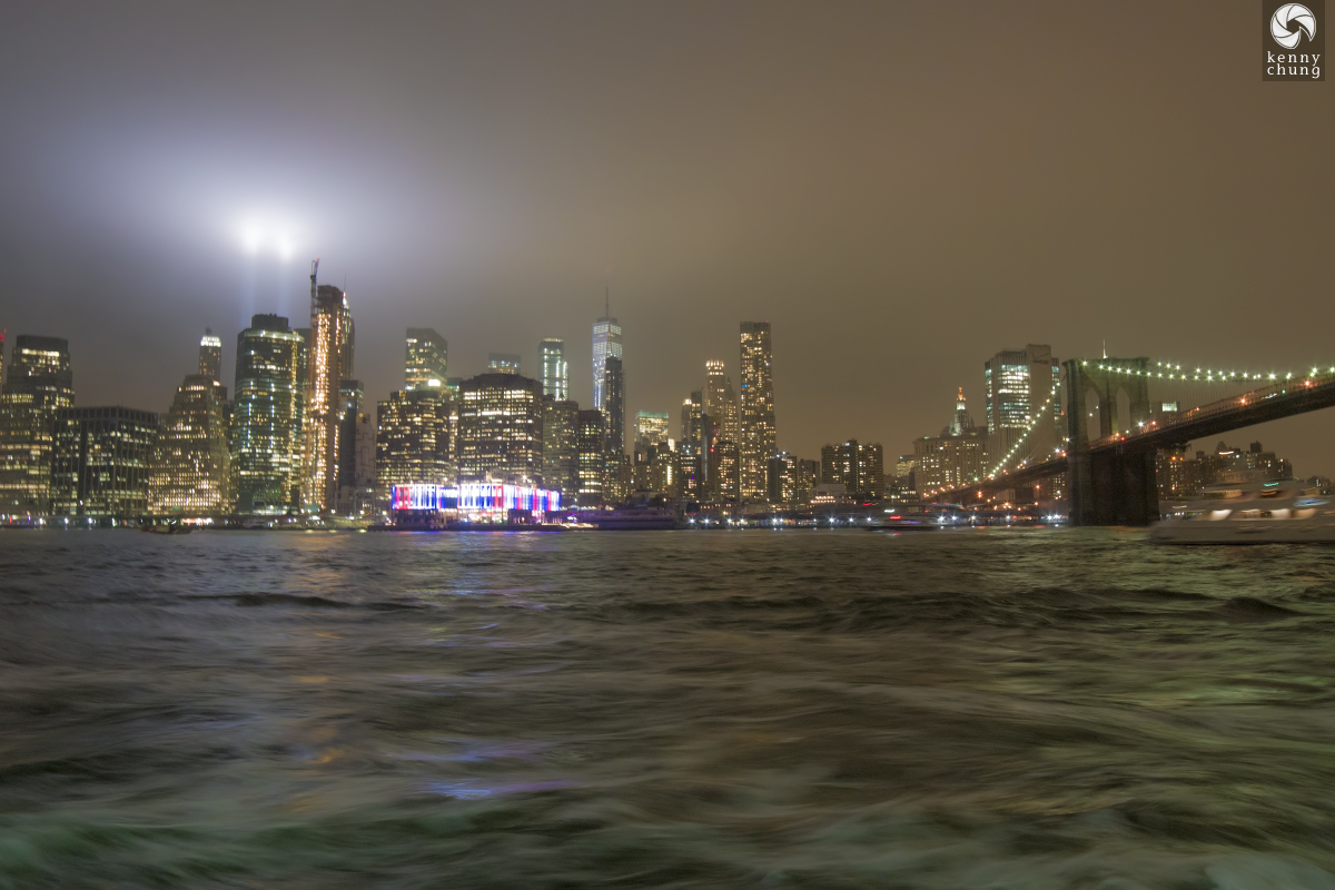 Tribute in Light 2018 as viewed from Brooklyn Bridge Park and the East River