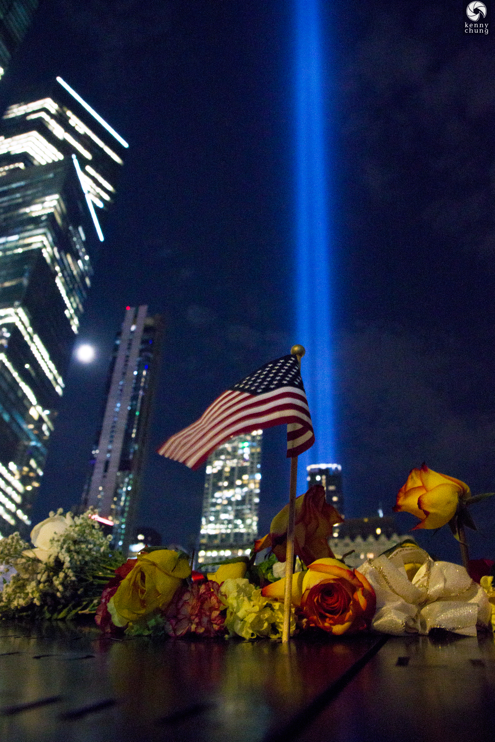 Flowers at the 9/11 Memorial South Pool during Tribute in Light 2019
