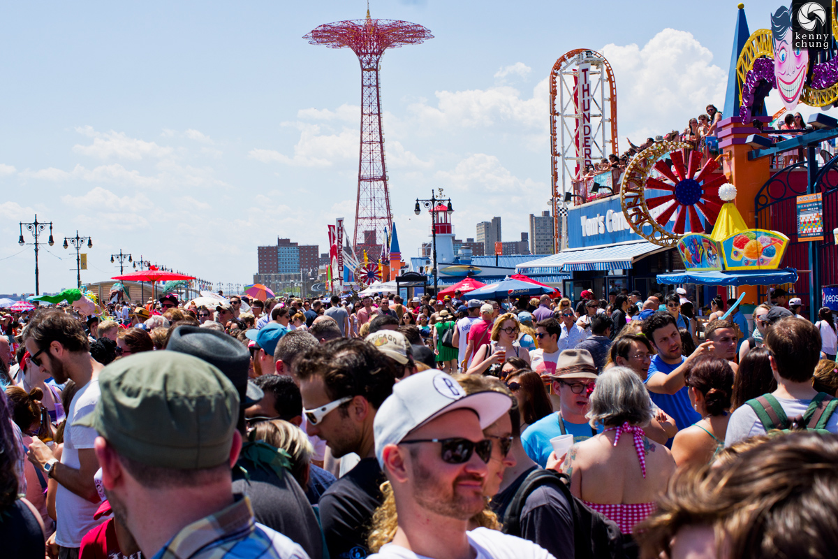 The very packed boardwalk during the Coney Island Mermaid Parade
